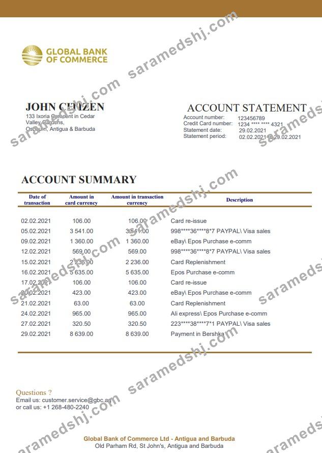 Antigua and Barbuda Global Bank of Commerce bank statement